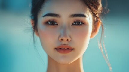 Naklejka premium An asian woman with pink eyes. Giraffe eats giraffe in zoo. A giraffe eats a giraffe in a zoo. A woman of asian descent with pink-colored lifestyle eyes.