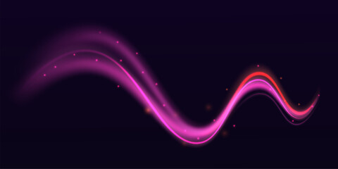 Futuristic dynamic motion technology. Neon color glowing lines background, high-speed light trails effect. Purple glowing wave swirl, impulse cable lines.