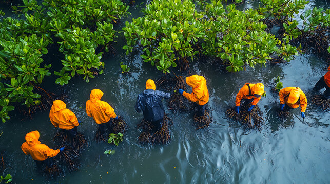 Group of environmental activists planting mangroves in a flooded wetland wearing protective raincoats as part of a conservation effort for climate change adaptation and coastal restoration