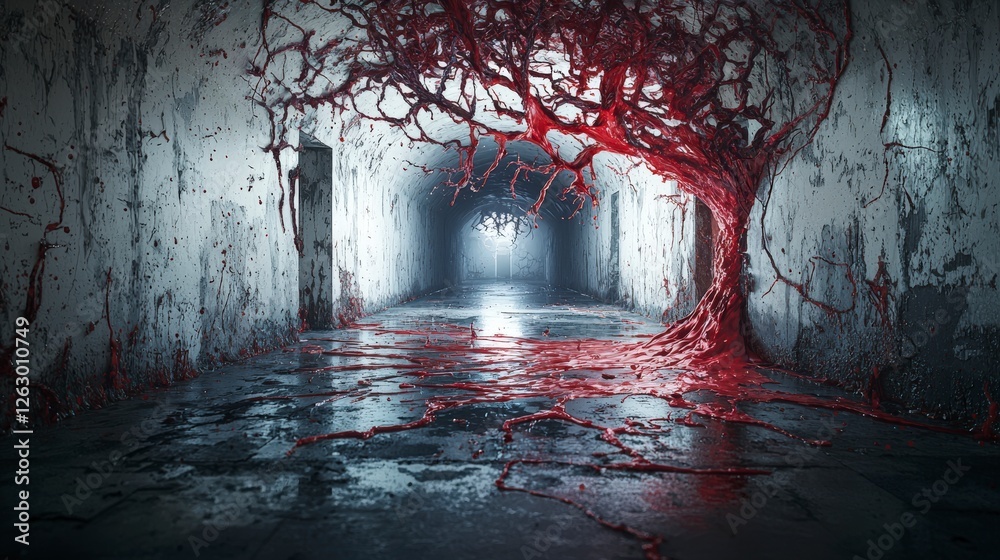 Poster darkness splashes color in twisted hallway abandoned location digital artwork surreal close-up emoti