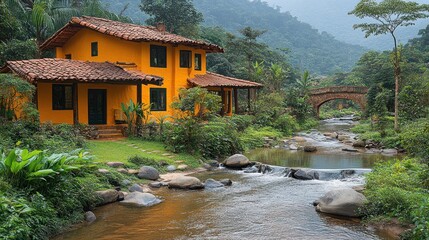 Yellow House Beside Tranquil River And Stone Bridge In Lush Green Valley