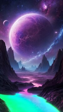 A cosmic scene with a large, purple planet featuring intricate surface details, the background being filled with a starry nebula in shades of purple and pink, enhancing the otherworldly atmosphere