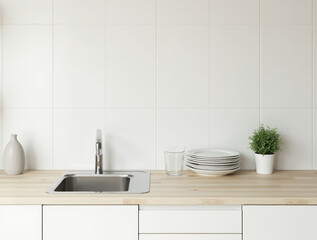 Minimalist White Kitchen with Smooth Tiled Walls and Handleless Cabinets