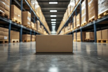 Warehouse setting showcasing a single cardboard box on a shiny floor with shelves full of packages in the background