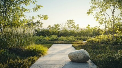 Obraz premium Peaceful Garden Pathway with Natural Stone and Lush Greenery
