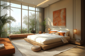 Obraz premium Photographie immobilière d'une chambre parentale moderne contemporaine avec décoration minimaliste, éclairage d’ambiance doux et design aux lignes épurées. HDR, 3D, design, tendance, architecte