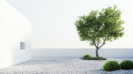 Obraz premium Tranquil Minimalist Garden with Green Tree on White Gravel Surface