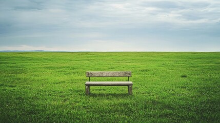 Tranquil Bench on Lush Green Field Under Cloudy Sky