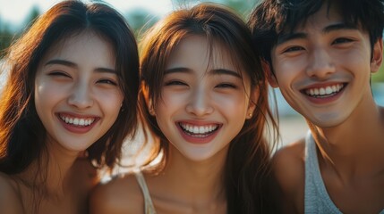 Fototapeta premium Friendship moments with young Thai and East Asian adults sharing laughter and joy, surrounded by nature and natural light, capturing true friendship moments in candid shots