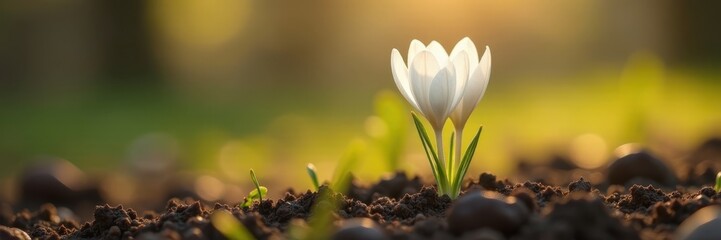 Obraz premium Single white crocus emerging from earth, sunlight, isolated, fresh