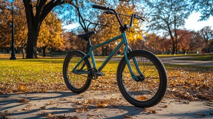 Fototapeta premium BMX Bike in Autumn Park Turquoise Frame on Leaf-Strewn Path.