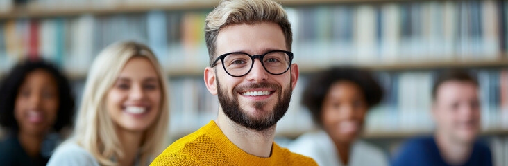 smiling man in yellow sweater sits in library with friends, showcasing joyful atmosphere
