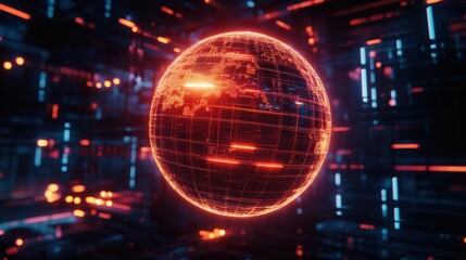 Obraz premium Futuristic Glowing Data Sphere Abstract Technology Network with Red and Blue Light Effects.