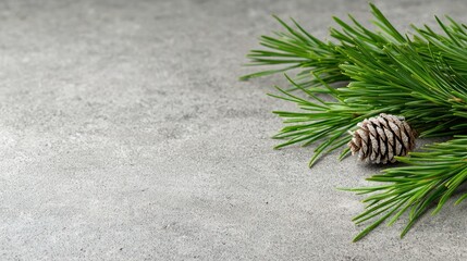 Fir branch and cone on textured surface