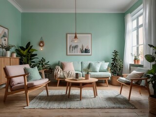 Fototapeta premium Serene Green Living Room With Mid Century Modern Furniture