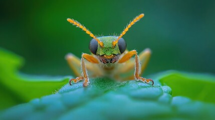 Fototapeta premium Green beetle macro, leaf, nature, garden, close-up, vibrant, insect, bokeh background, wildlife photography, stock image