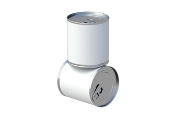 Heap of tins with canned food isolated on white background. Cat, dog nutrition. Preserved vegetables. Reserve of provisions. Touristic meal. 3d render