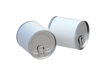 Scattered tins with canned food isolated on white background. Cat, dog nutrition. Preserved vegetables. Reserve of provisions. Touristic meal. 3d render