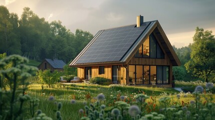 Modern home solar panels sustainable architecture eco-friendly green energy nature environment renewable future lifestyle.