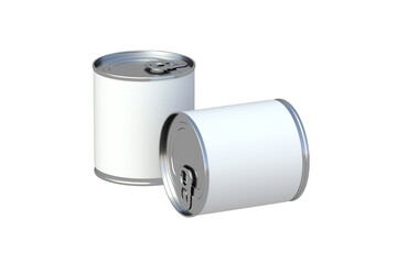 Two tins with canned food isolated on white background. Cat, dog nutrition. Preserved vegetables. Reserve of provisions. Touristic meal. 3d render