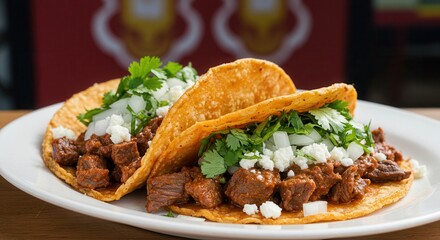 Delicious Beef Tacos with Cilantro and Onion on White Plate