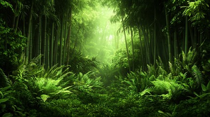 Fototapeta premium Mystical bamboo forest path, sunlit, ferns, tranquility