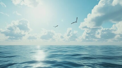 Obraz premium Two Seagulls Soaring Over Calm Ocean Waters