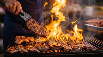 Fototapeta premium A professional chef grilling meat over an open flame, showing mastery over cooking temperatures.