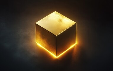 Golden Cube with Glowing Edges on Dark Background, High Contrast Abstract Concept.