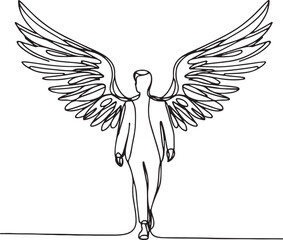 Angel-Inspired Man with Big Wings – Simple Line Drawing Vector
