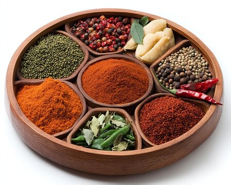 A wooden platter holds an assortment of colorful spices and herbs, showcasing a variety of textures and ingredients for culinary use.