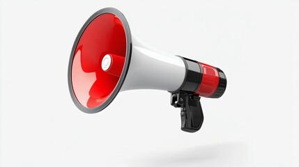 A 3D-rendered red and white megaphone isolated against a solid white background