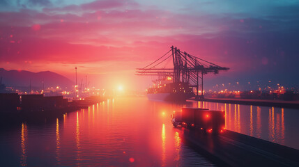 Fototapeta premium Container truck in ship port for business Logistics and transportation of Container Cargo ship and Cargo plane with working crane bridge in shipyard at sunrise, logistic import export and transport