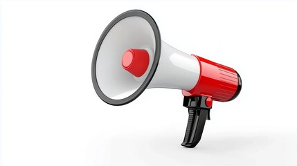 A 3D-rendered red and white megaphone isolated against a solid white background