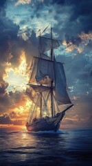 Obraz premium Majestic Sailing Ship at Sunset Ocean Voyage