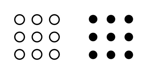 Menu dots vectors icons set in filled and strokes on white background