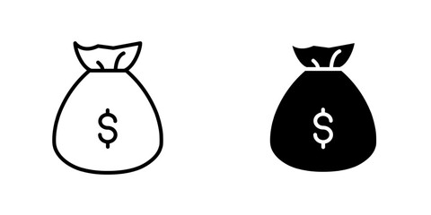 Money bag vectors icons set in filled and strokes on white background