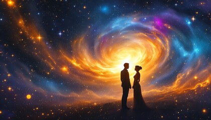 Couple Silhouetted Against Cosmic Galaxy Sunset