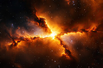 A vibrant cosmic scene showcasing a nebula with fiery orange and yellow hues against a backdrop of stars.