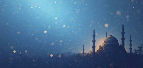 Blue Mosque in Istanbul at Dusk with Soft Lights and Snowflakes