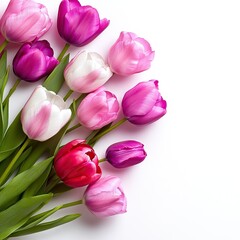 Obraz premium A vibrant bouquet of colorful tulips in shades of pink, white, and purple, arranged beautifully against a white background.