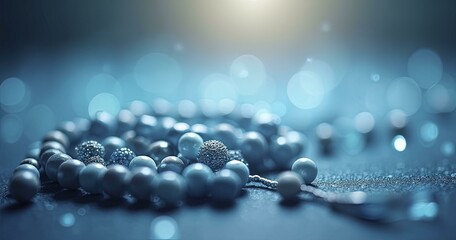 Close Up of Glossy Blue Prayer Beads with Soft Bokeh Background