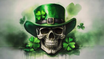 St Patrick Skull with Green Top Hat and Shamrocks. Saint Patricks Day Poster Banner Design Art. Ai Generative