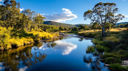 Serene River Reflection at Golden Hour, Landscape Photography AI Generated