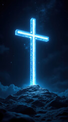 Naklejka premium A glowing blue cross on a hilltop against a starry night sky.