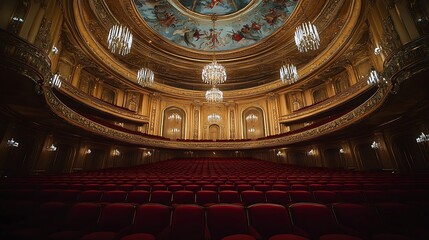 Obraz premium Opera House Interior, Empty Seats, Gold Detail, Ceiling Fresco