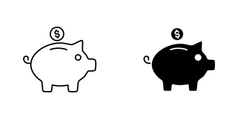Piggy bank vectors icons set in filled and strokes on white background