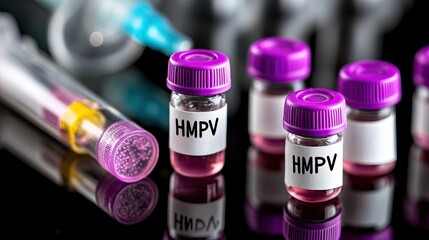 A collection of laboratory vials labeled "HMPV," surrounded by syringes, highlighting medical research or pharmaceutical development.