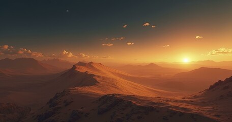 Desert Landscape at Sunset with Golden Sand Dunes and Crescent Moon