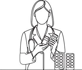 Female Pharmacist with Medicines – Simple Line Drawing Vector Art